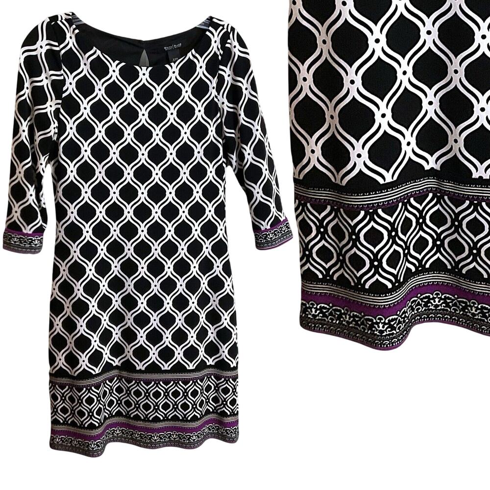 White House Black Market Dress Black‎ White Purple Geometric Stretch Travel XXS
